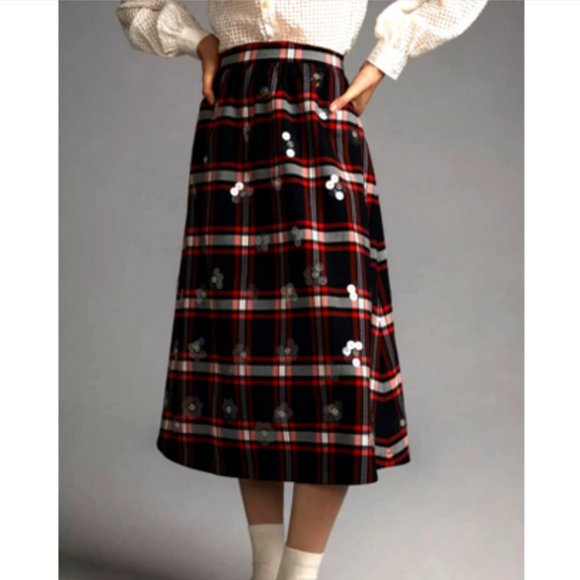 Anthropologie Maeve 8 NWT Embellished Plaid Midi Skirt Sequins Tartan Red Black - Picture 4 of 8